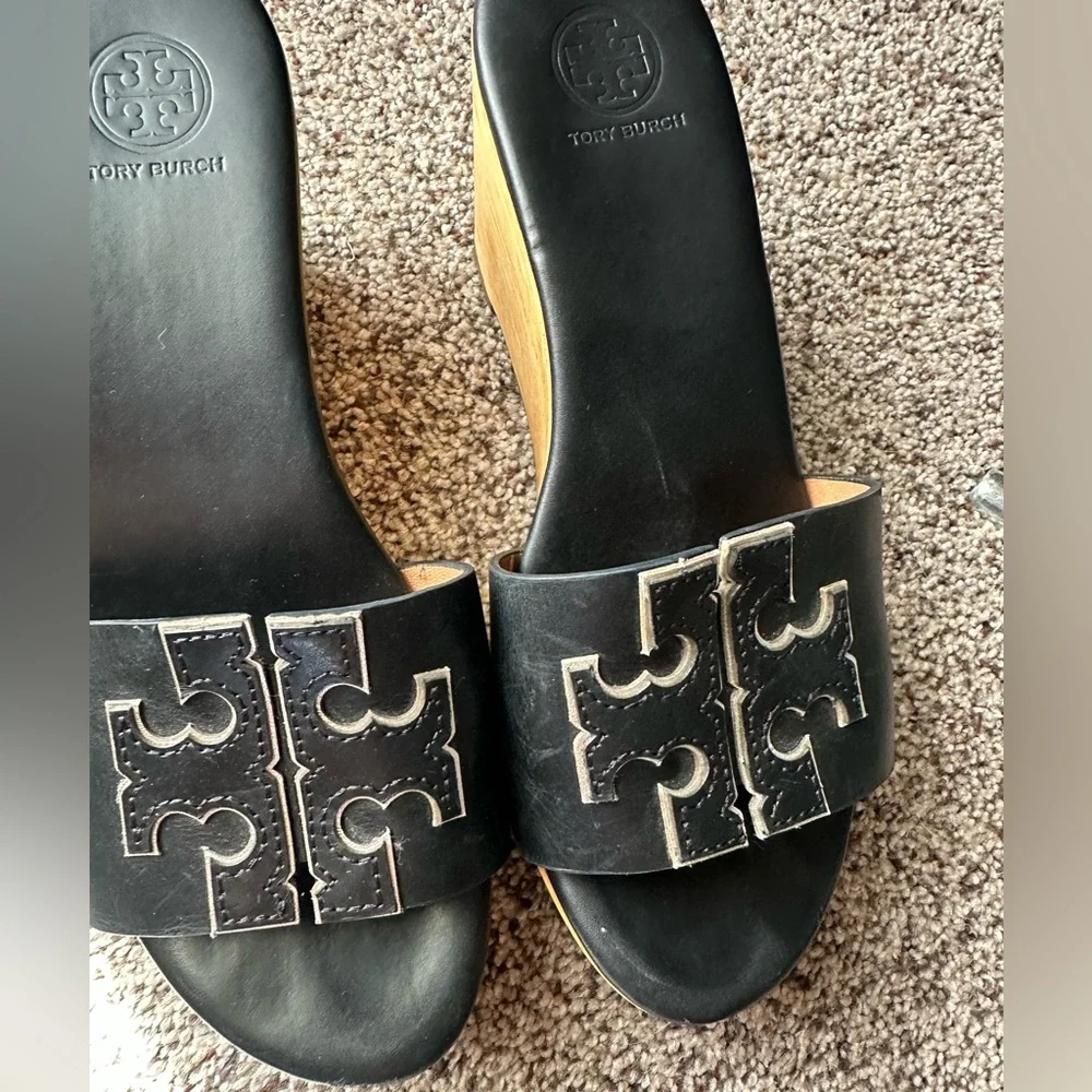Tory Burch Black Leather Logo Slide Sandals